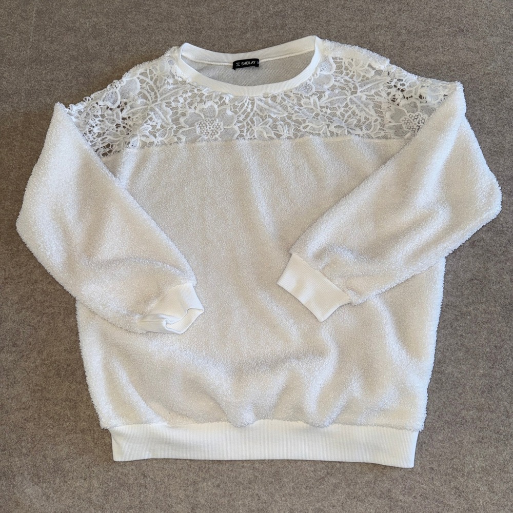 Sheilay White‎ Fuzzy Sherpa Sweatshirt Floral Lace Shoulder Pullover Womens XL